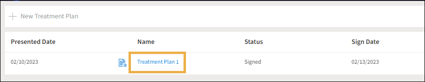 View Treatment Plans with yellow highlight box around the Treatment Plan hyperlink.